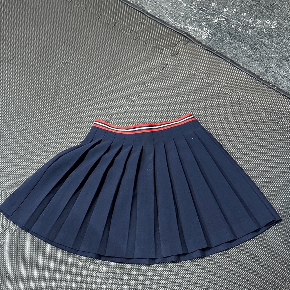 Jacadi Navy Pleated Mini Skirt with Red Stripe